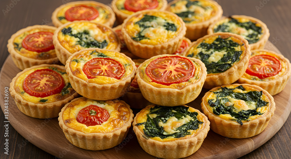 Assortment of savory mini quiches with spinach and tomato on a wooden tray
