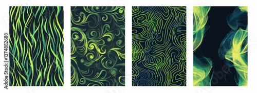 Electric Lime Looping Strokes on a Gradient Navy to Midnight Background Vector Pattern Set Illustration