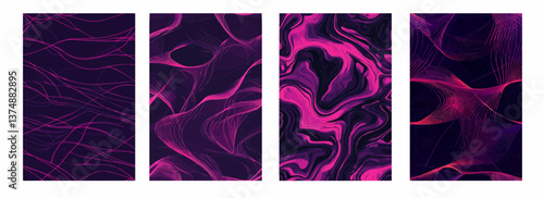 Hot Magenta Abstract Lines on a Midnight Purple Background Vector Pattern Set Illustration