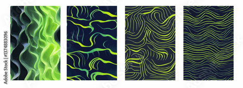 Neon Green Wavy Lines on a Gradient from Midnight Blue to Gray Background Vector Pattern Set Illustration
