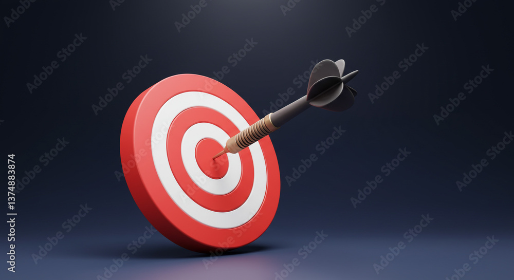 Achieving the ultimate goal, a dart striking the bullseye of a vibrant red and white target on a deep blue background. Achieving the ultimate goal, a dart striking the bullseye of a vibrant red and white target on a deep blue background.