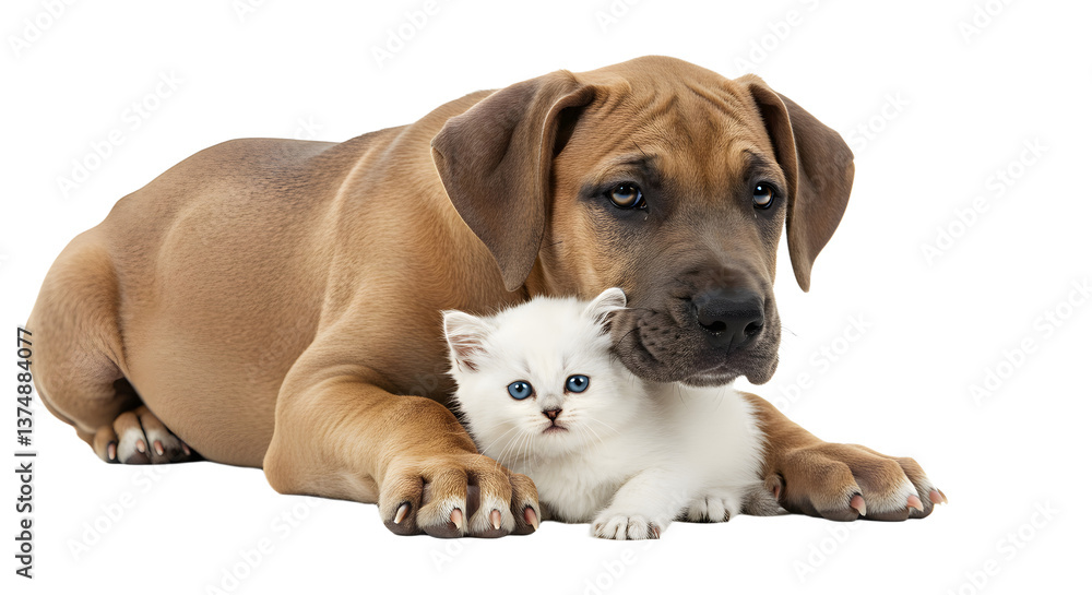 Obraz premium Dog protecting kitten lying down on white backdrop in studio