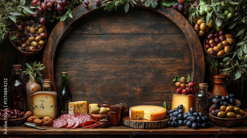 Rustic Wooden Table with Cheese, Olives, Grapes and Charcuterie Display Rustic Wooden Table with Cheese, Olives, Grapes and Charcuterie Display