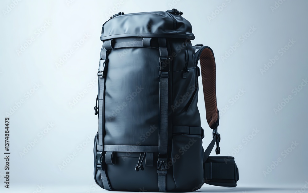 Naklejka premium Minimalist travel backpack on a white background, sleek and modern design, lightweight and durable for hiking, outdoor adventure gear, ultrarealistic, 8K