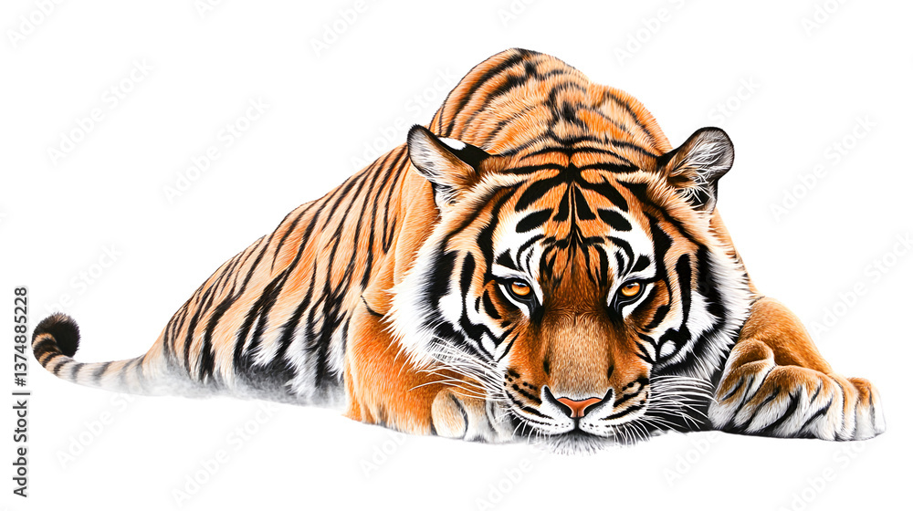 Obraz premium Majestic Tiger Lying Down Wild Cat Portrait Orange Fur Black Stripes