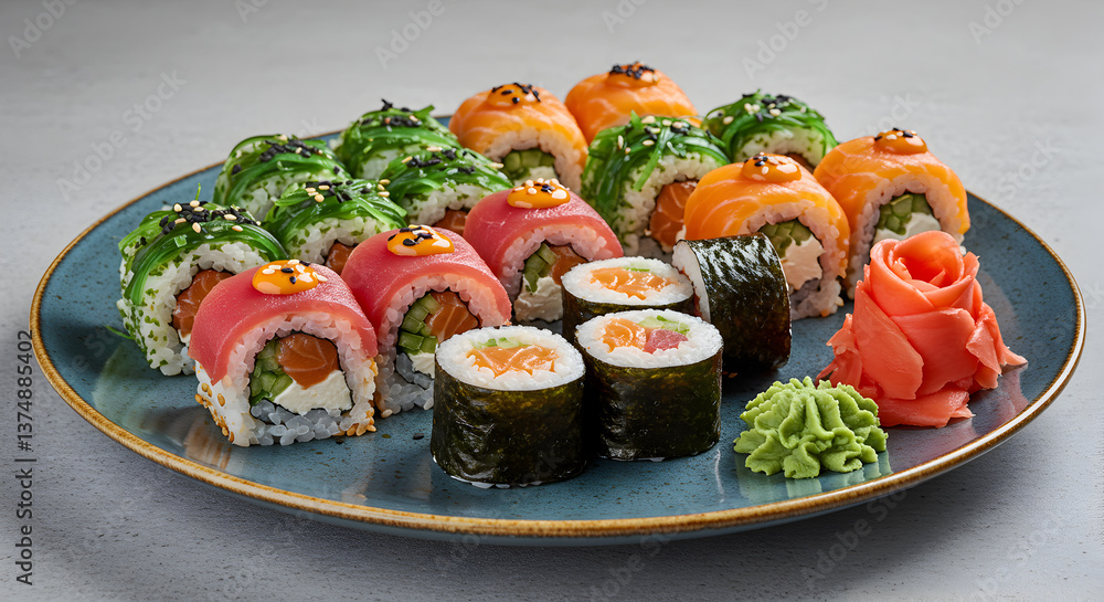 Assorted sushi rolls with vibrant toppings served beautifully on a blue platter Assorted sushi rolls with vibrant toppings served beautifully on a blue platter