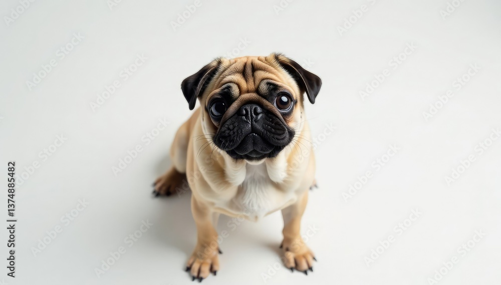 Single pug, looking directly at the camera, on white backdrop, small dog, close-up Single pug, looking directly at the camera, on white backdrop, small dog, close-up