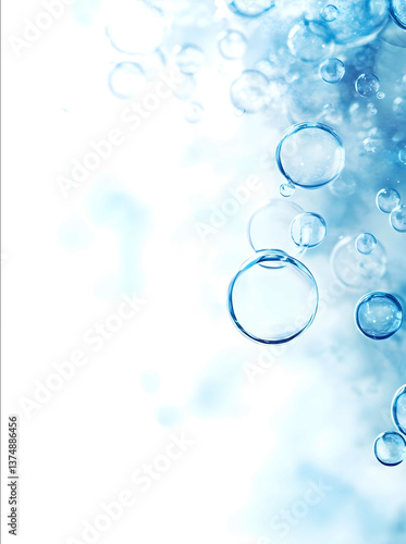 Minimalist style simple white background blue bubbles clear and transparent light tones delicate textures pure colors highdefinition details light reflection e