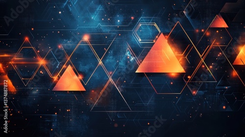 Abstract Technological Triangles: Glowing Orange and Blue Digital Art