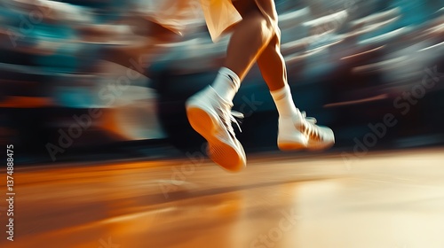 Dynamic motion of a basketball player's feet sprinting on a court, showcasing a blur effect from fast movement, emphasizing energy and athleticism