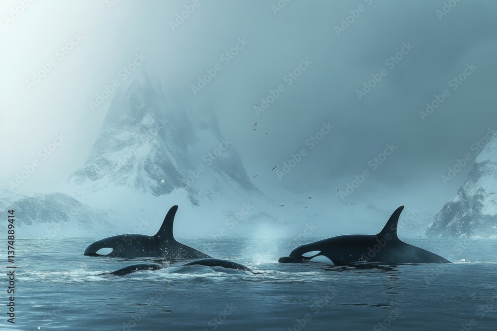 Fototapeta premium Three orcas glide through calm waters surrounded by foggy mountains and a tranquil icy backdrop, highlighting nature's beauty Generative AI