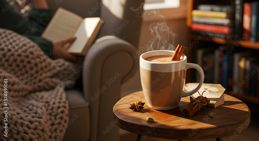 Fototapeta premium Inviting scene a steaming mug of chai and a captivating book offers calm time