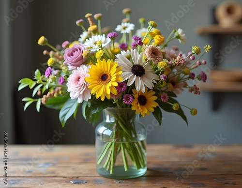 Wallpaper Mural A glass vase with freshly picked wildflowers, on a wooden table. Torontodigital.ca