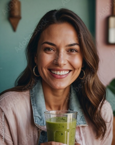 Woman enjoying a healthy drink, pastel background reflecting well-being