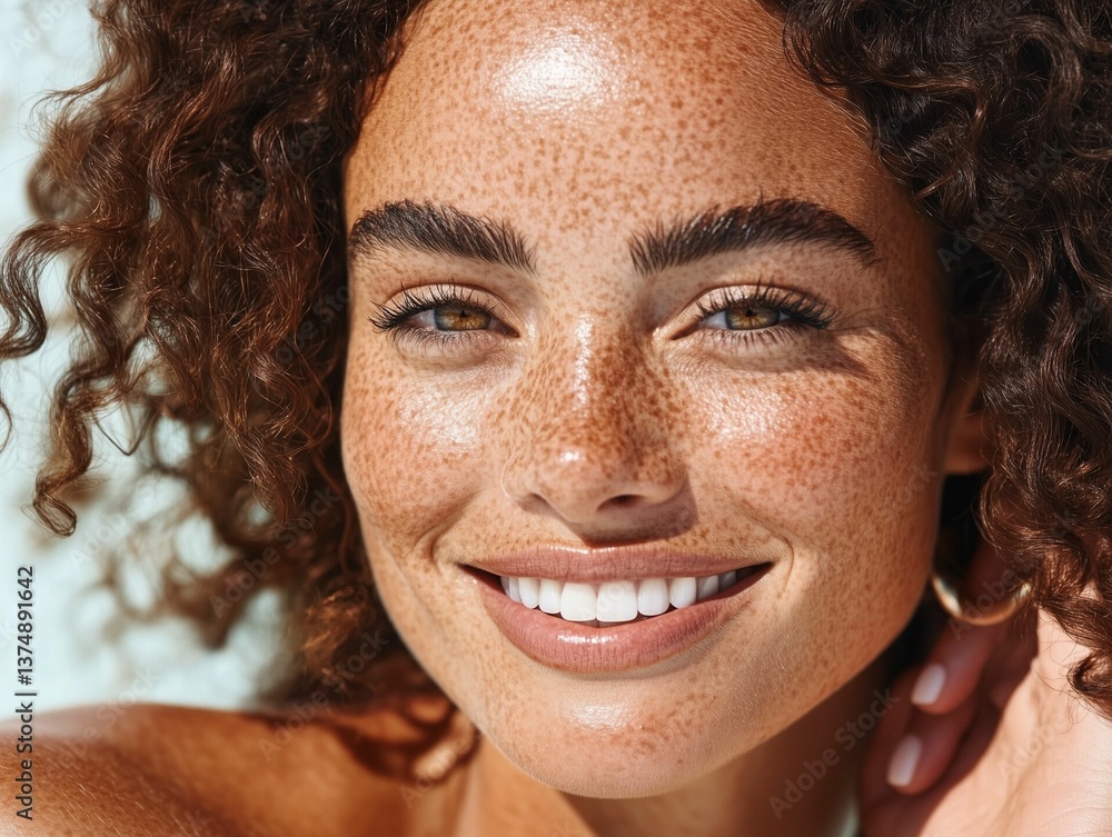 Close-up of Smiling Woman with Freckles in Sunlight Close-up of Smiling Woman with Freckles in Sunlight