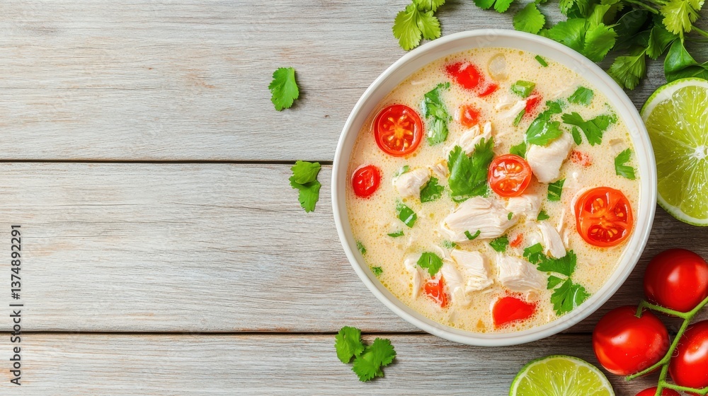 A bowl of creamy soup with chicken, tomatoes, and cilantro, garnished with lime on a wooden surface. A bowl of creamy soup with chicken, tomatoes, and cilantro, garnished with lime on a wooden surface.