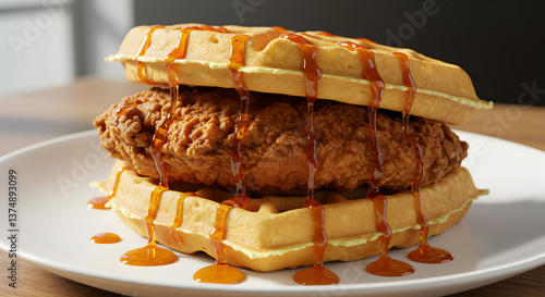 Delicious Chicken and Waffle Sandwich Drizzled with Maple Syrup on a White Plate
