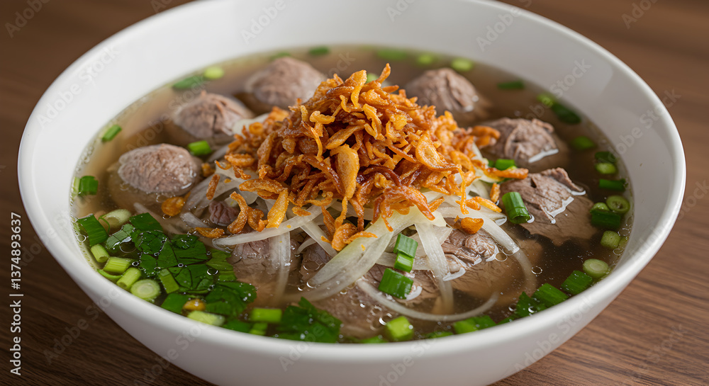 Aromatic vietnamese pho noodle soup bowl with crispy shallots and scallions Aromatic vietnamese pho noodle soup bowl with crispy shallots and scallions
