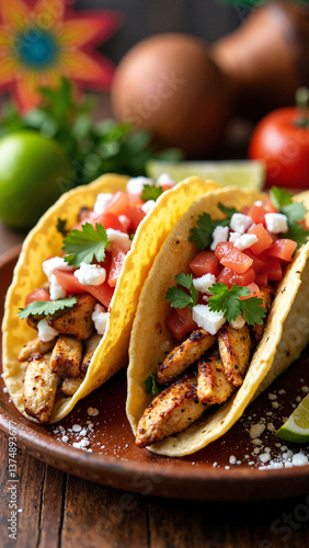 Isolated on transparent background: Two delicious chicken tacos with fresh salsa and queso fresco, perfect for Mexican food ads, menus, and Cinco de Mayo promotions    keywords:   tacos, chicken, 