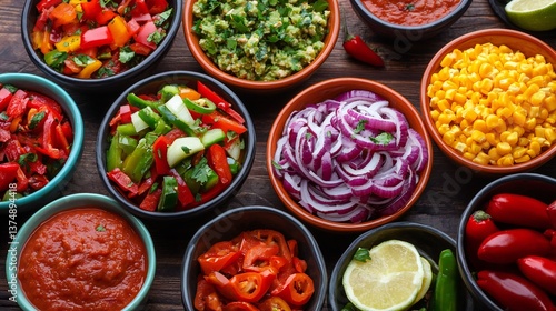 Wallpaper Mural Colorful Bowls of Fresh Mexican Salsa Ingredients Red Peppers Corn Onions Guacamole and More Perfect for Taco Night or Fiesta Torontodigital.ca