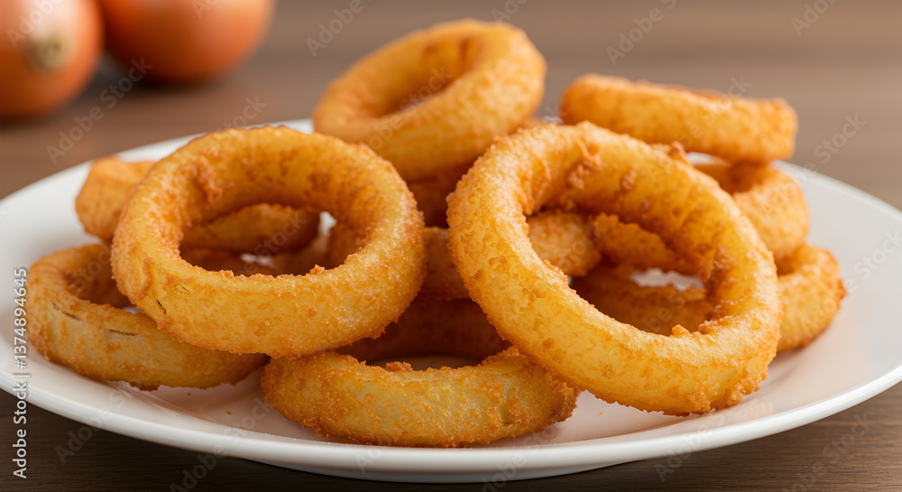 Golden crispy onion rings served on a white plate are a delicious treat Golden crispy onion rings served on a white plate are a delicious treat