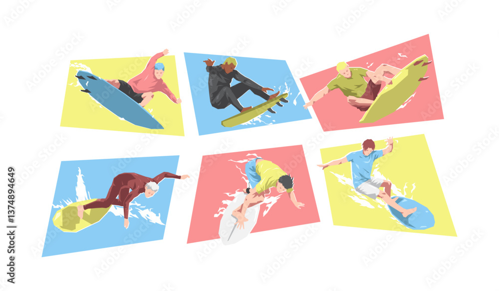 Obraz premium Male surfer characters. Different action, pose. Sport, surfing, hobby, summer theme. Cartoon flat vector illustration.
