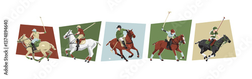 Polo sport. Female polo players on horse. Sport, horse, competition. Different action, pose. Cartoon flat vector illustration.