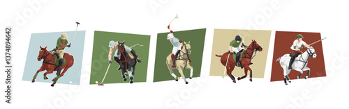 Polo sport. Male polo players on horse. Sport, horse, competition. Different action, pose. Cartoon flat vector illustration.