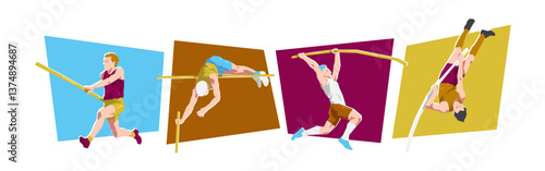 Pole vault male athlete characters. Sports, athletics, activity themes. Cartoon flat vector illustration.