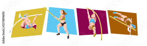 Pole vault female athlete characters. Sports, athletics, activity themes. Cartoon flat vector illustration.
