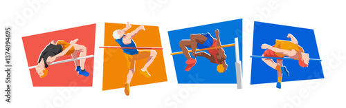 High jump male athlete characters. Sport, running, jumping, athletic concept. Cartoon flat vector illustration.