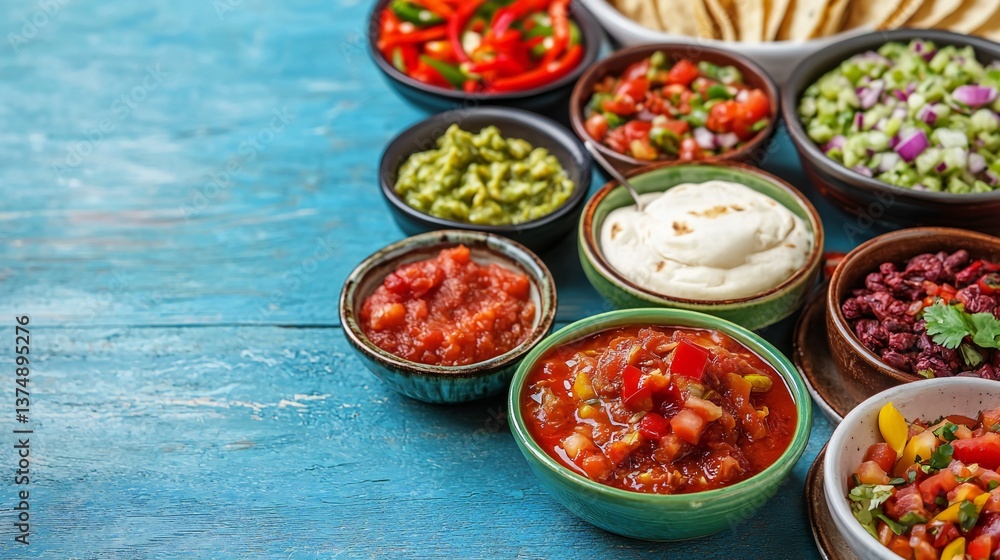 Delicious Mexican Food Salsa Variety Platter Guacamole Pico de Gallo Authentic Cuisine Delicious Mexican Food Salsa Variety Platter Guacamole Pico de Gallo Authentic Cuisine