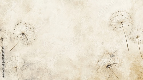 Delicate Dandelions on Textured Beige Background, a Gentle Whispering of Nature and Tranquility with Ethereal Touch and Subtle Warmth, Inspiring Calmness
