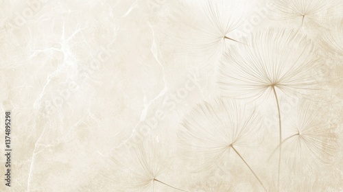 Subtle Dandelion Seed Heads on Creamy Marble Background, Soft Sepia Tones, Tranquil, Dreamy, Peaceful and Serene Image