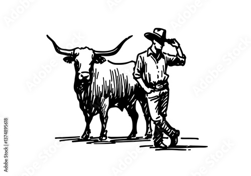 Texas Longhorn cattle hand drawn vector illustration