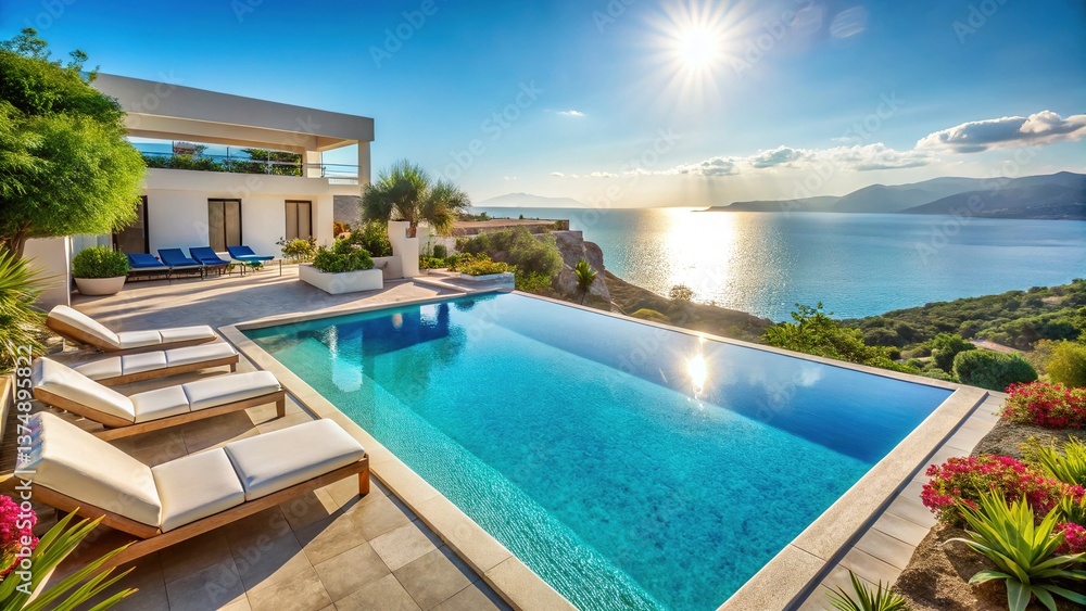 Fototapeta premium Luxury Crete Villa Pool, Greek Island Paradise