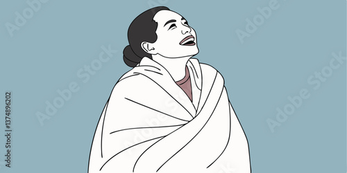 Asian woman smiling widely while wrapped tightly in a white blanket, looking to the side with an excited expression, standing against a plain blue background