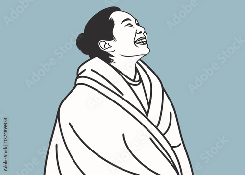 Asian woman smiling widely while wrapped tightly in a white blanket, looking to the side with an excited expression, standing against a plain blue background