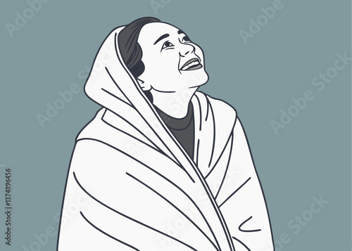 Asian woman smiling widely while wrapped tightly in a white blanket, looking to the side with an excited expression, standing against a plain blue background