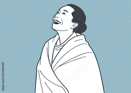 Asian woman smiling widely while wrapped tightly in a white blanket, looking to the side with an excited expression, standing against a plain blue background