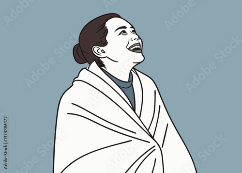 Asian woman smiling widely while wrapped tightly in a white blanket, looking to the side with an excited expression, standing against a plain blue background