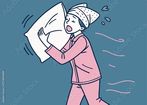 Asian woman in pink pajamas hugging a white pillow with a shocked facial expression, wearing rolled towels on her head, standing against a solid blue background, representing bedtime surprise
