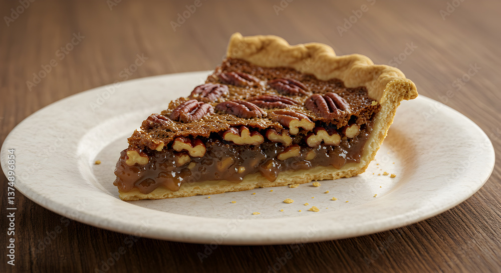 Delicious slice of homemade pecan pie, served on a rustic white plate Delicious slice of homemade pecan pie, served on a rustic white plate