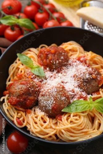 Delicious pasta with meatballs and cheese in bowl on table, closeup
