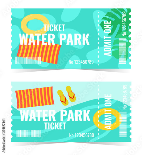 Water Park Aqua Park ticket template layout. Inflatable mattress circle slates. Summer vacation entertainment. Vector illustration