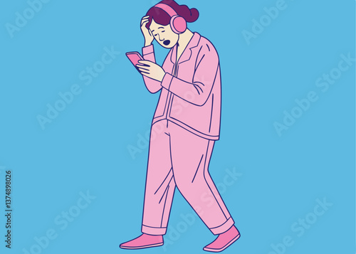 Asian woman in pink pajamas wearing headphones looks shocked while staring at her pink smartphone, standing against a solid blue background, reacting strongly to something unexpected