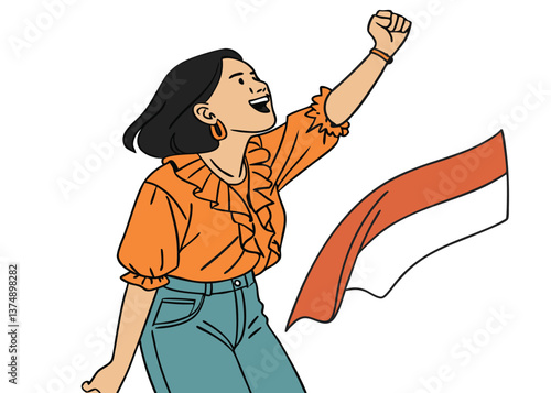 Joyful Southeast Asian woman with straight black hair in orange ruffled blouse and jeans, smiling with one clenched fist raised in a celebratory gesture against plain white background