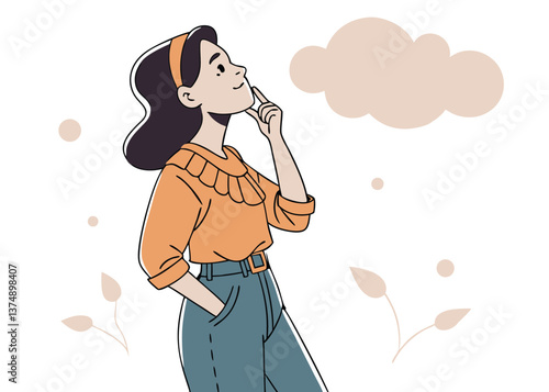 Pensive Southeast Asian woman with straight black hair in orange ruffled blouse and jeans standing against white background, touching face with index finger and looking up thoughtfully
