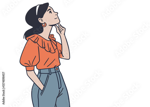Pensive Southeast Asian woman with straight black hair in orange ruffled blouse and jeans standing against white background, touching face with index finger and looking up thoughtfully