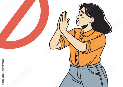 Southeast Asian woman with straight black hair in orange ruffled blouse and jeans crossing arms in X gesture, expressing refusal or warning with serious face against plain white background